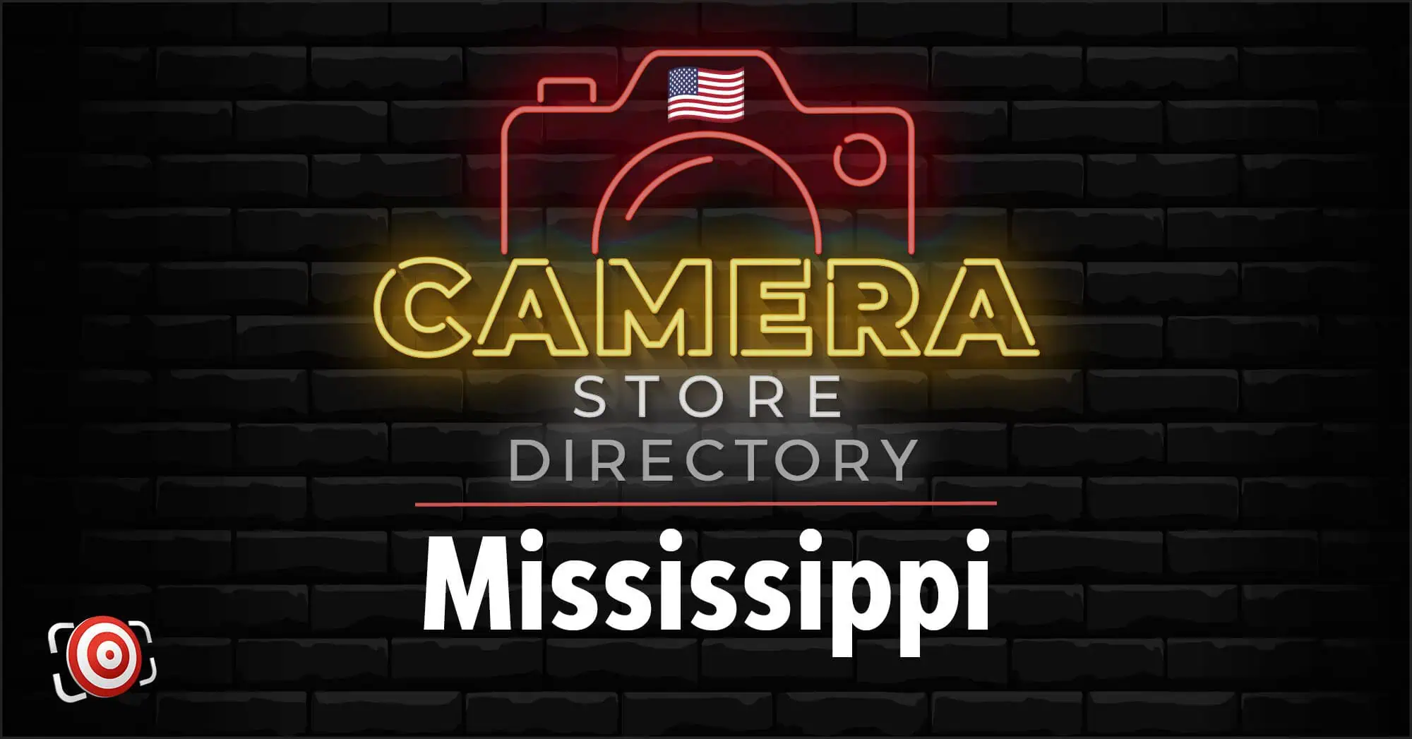 Neon sign graphic reads "Camera Store Directory Mississippi" on a black brick background, with a camera outline and small American flag icon above the text.