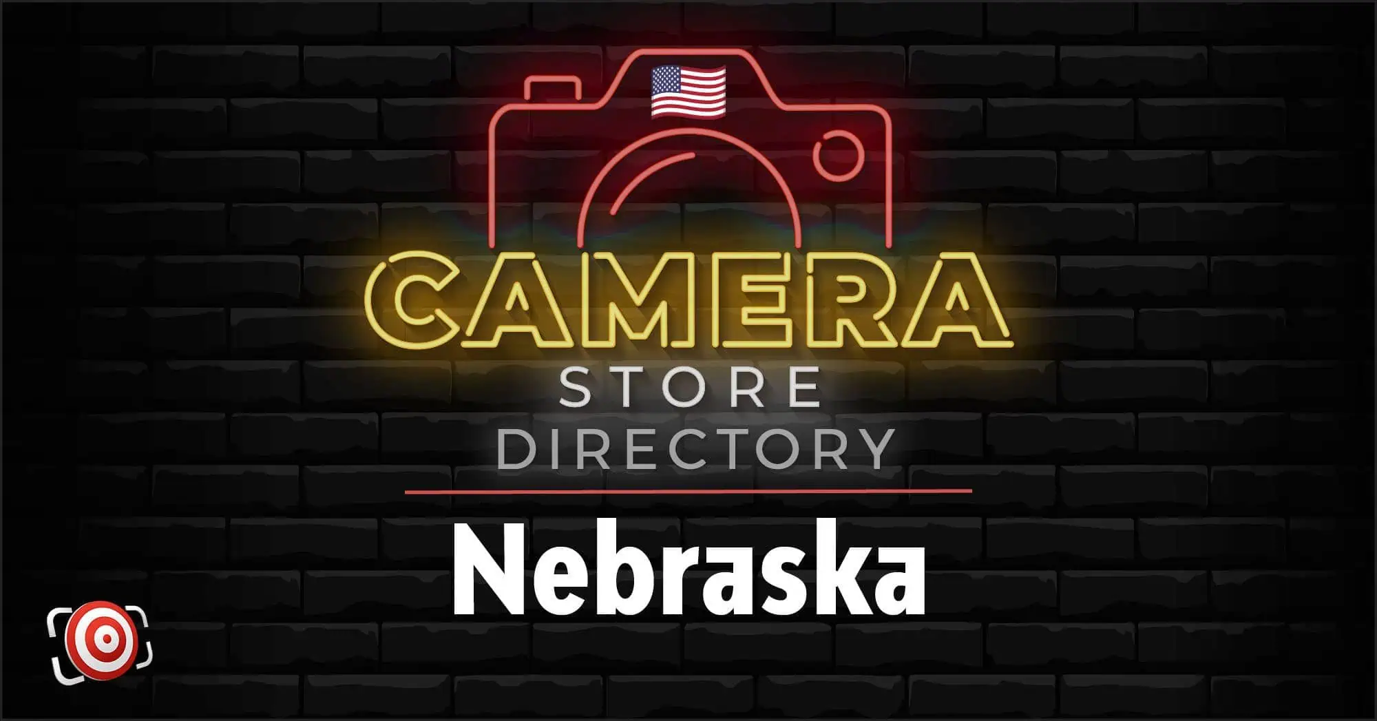 Neon sign graphic with a camera outline, American flag, and the text “Camera Store Directory Nebraska” on a black brick background.
