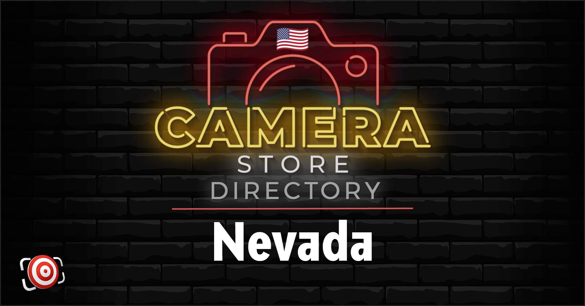 Neon sign illustration reading "Camera Store Directory Nevada" with a camera icon and an American flag on a black brick background.