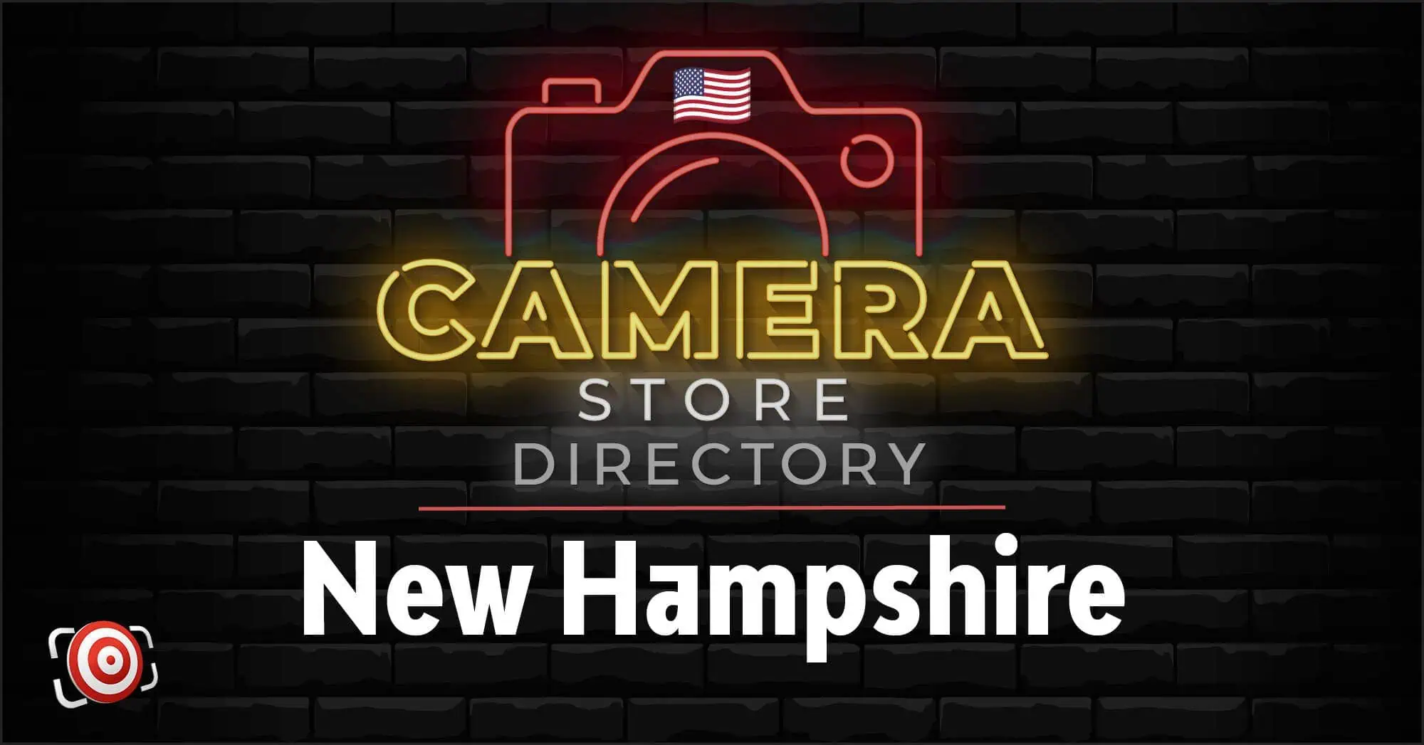 Neon sign reading "Camera Store Directory" with a camera graphic and American flag, above the text "New Hampshire" on a black brick background.