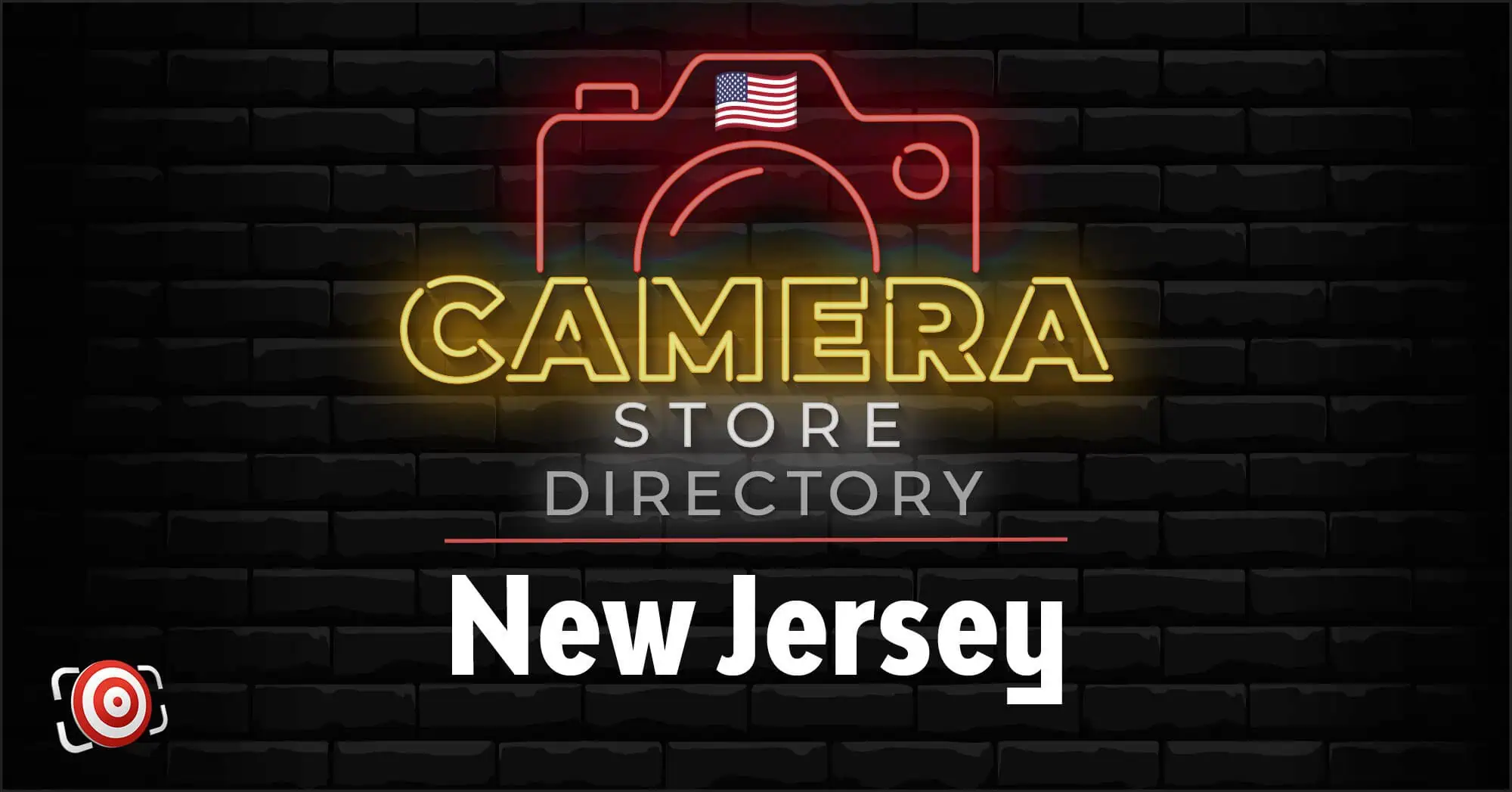 Neon-style sign reading "Camera Store Directory New Jersey" on a black brick background, with a camera icon featuring a small American flag.