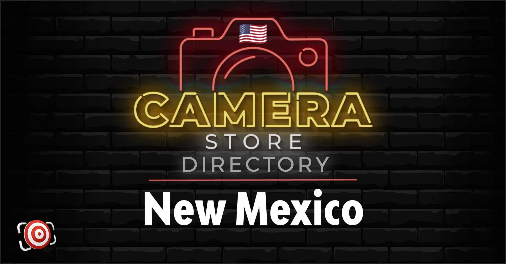 Neon sign with a camera icon and text reading "Camera Store Directory New Mexico" against a dark brick background.
