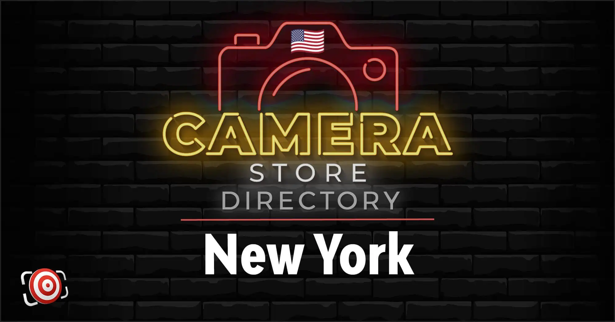 Neon sign graphic reading "Camera Store Directory New York" with a camera outline and American flag, set against a black brick background.
