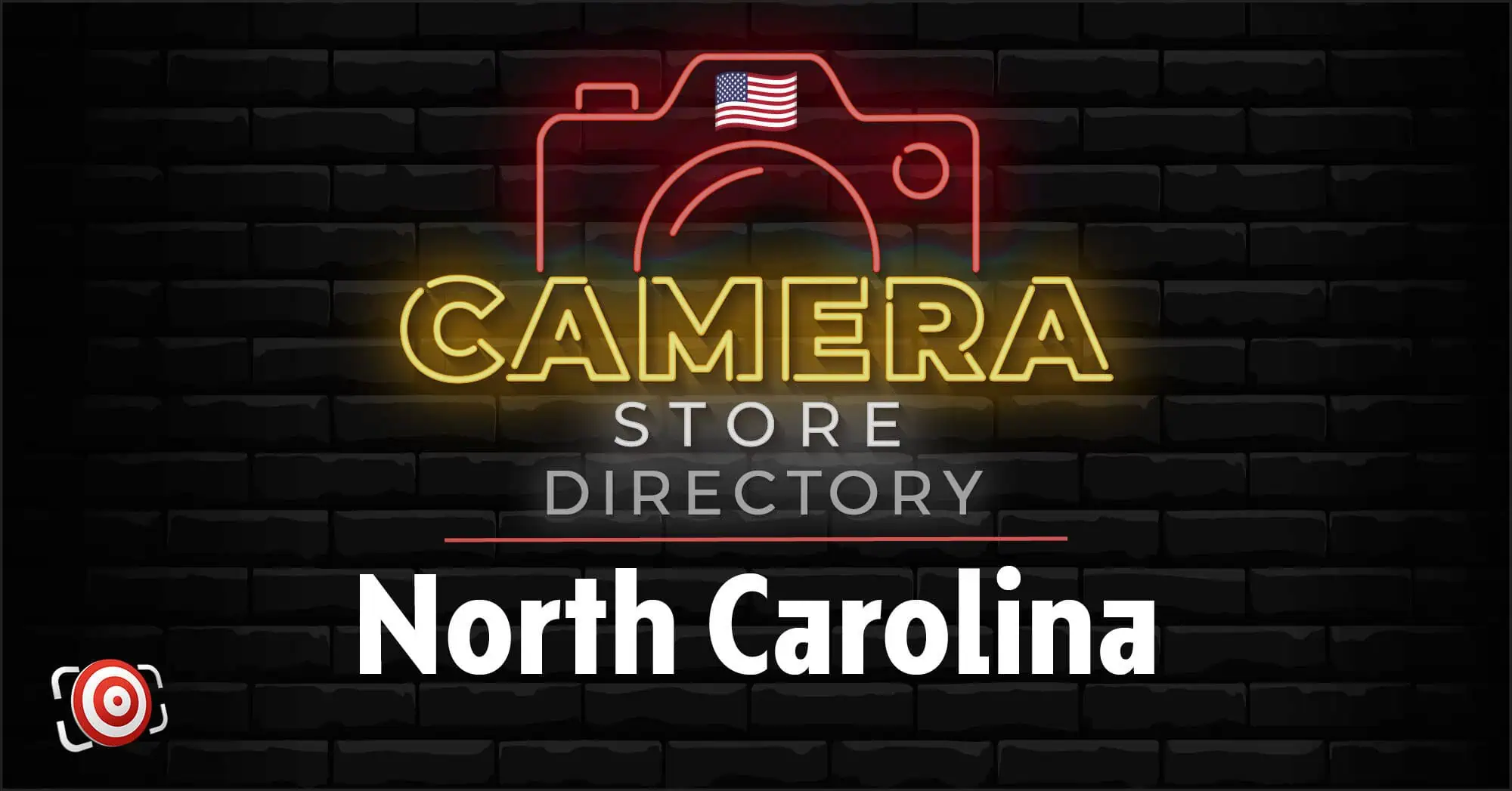 Neon sign graphic reads "Camera Store Directory North Carolina" with a camera icon and American flag on a black brick background.