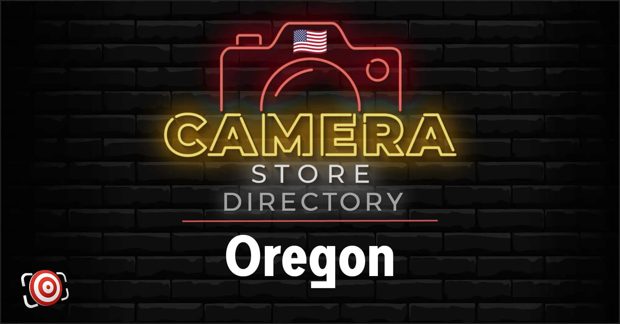 Neon sign graphic reads "Camera Store Directory Oregon" with a camera outline and small U.S. flag, set against a dark brick wall background.