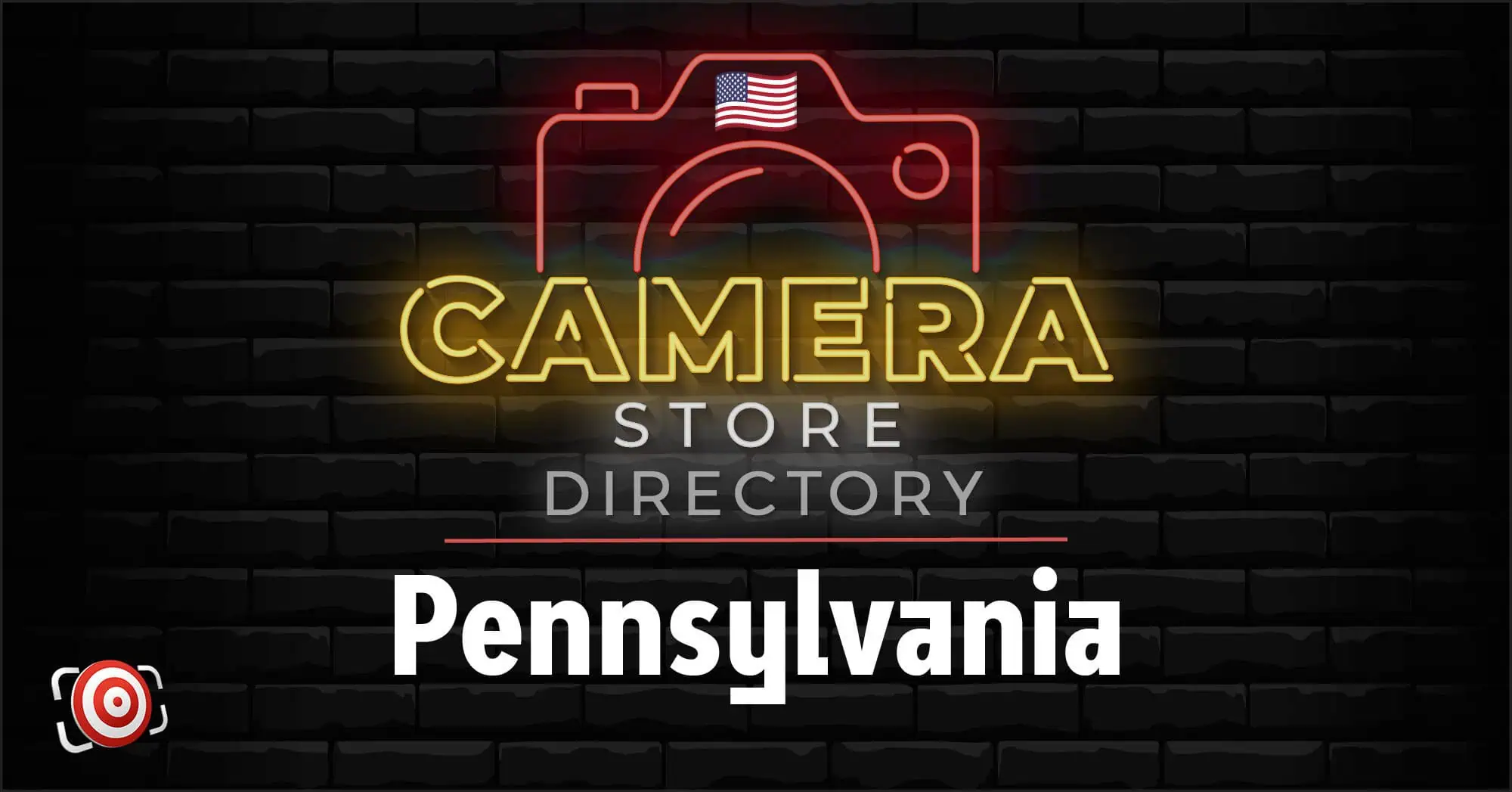 Neon sign-style graphic reads "Camera Store Directory Pennsylvania" against a black brick background, with a camera outline and a small American flag.