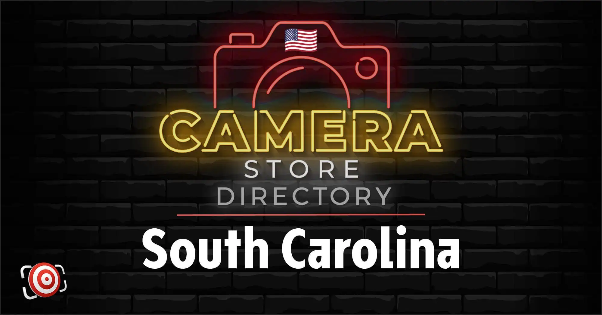 Neon sign design with a camera icon, an American flag, and the words "Camera Store Directory South Carolina" on a black brick background.
