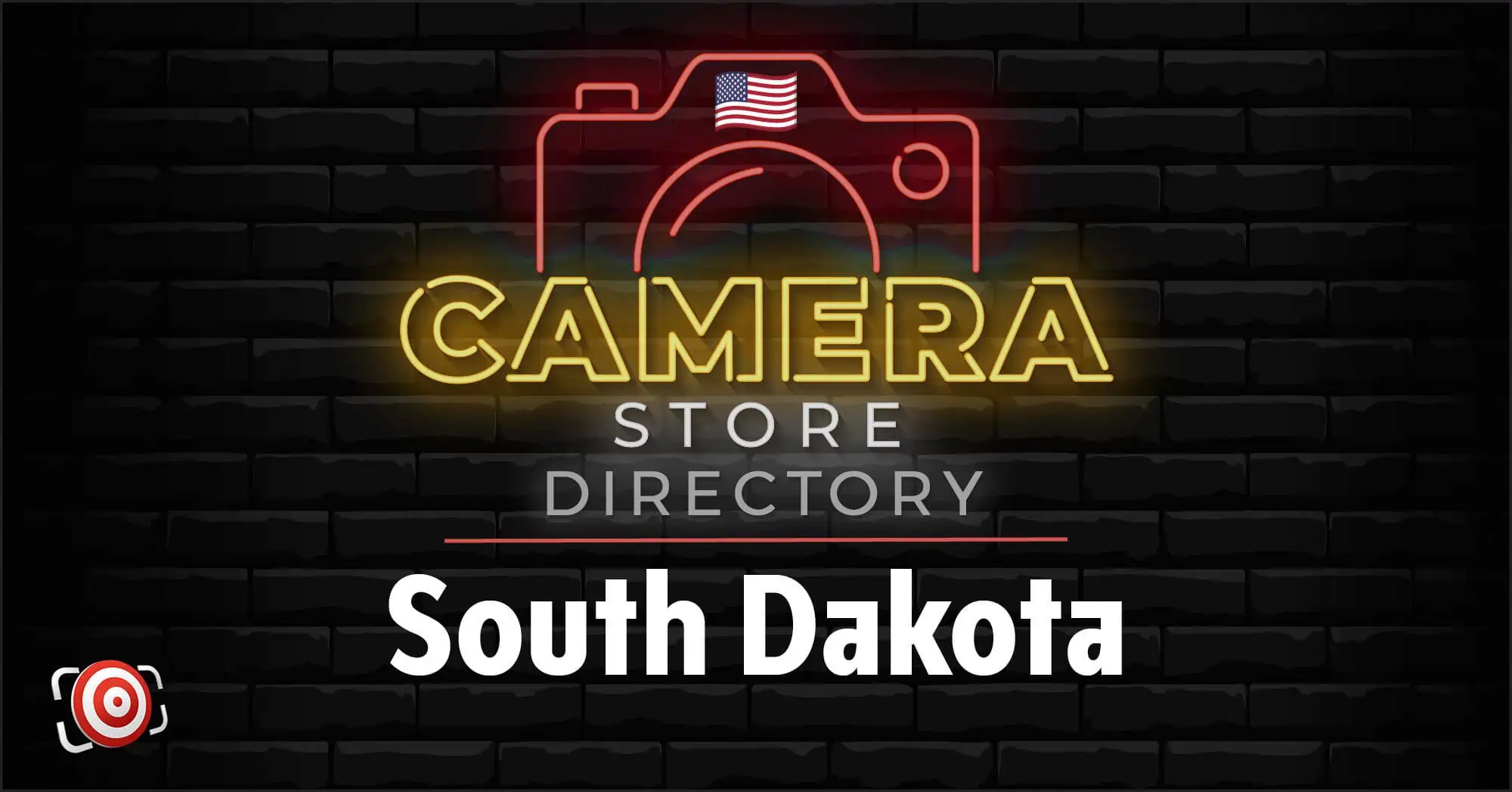 Neon sign graphic reading "Camera Store Directory South Dakota" with a camera icon and American flag on a black brick background.