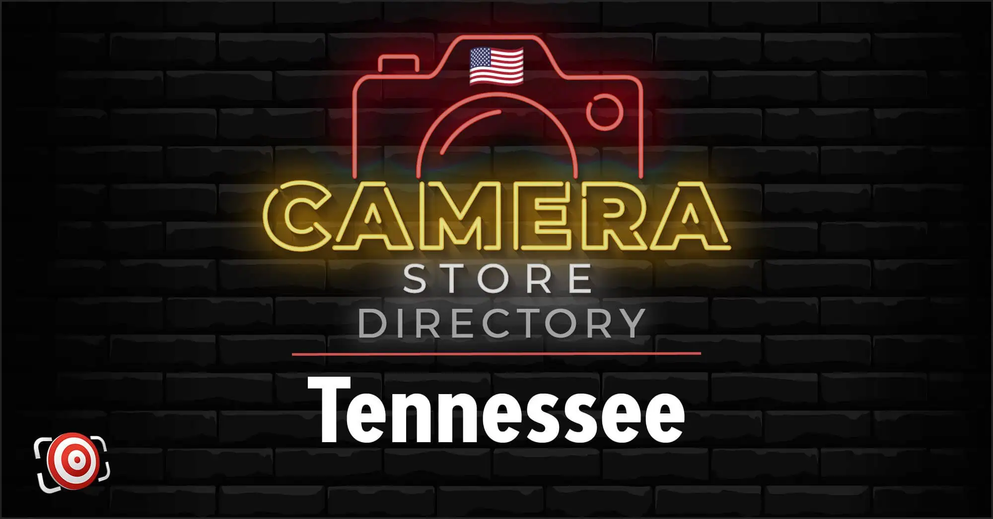 Neon sign with a camera and American flag graphic reads "Camera Store Directory Tennessee" on a black brick background.
