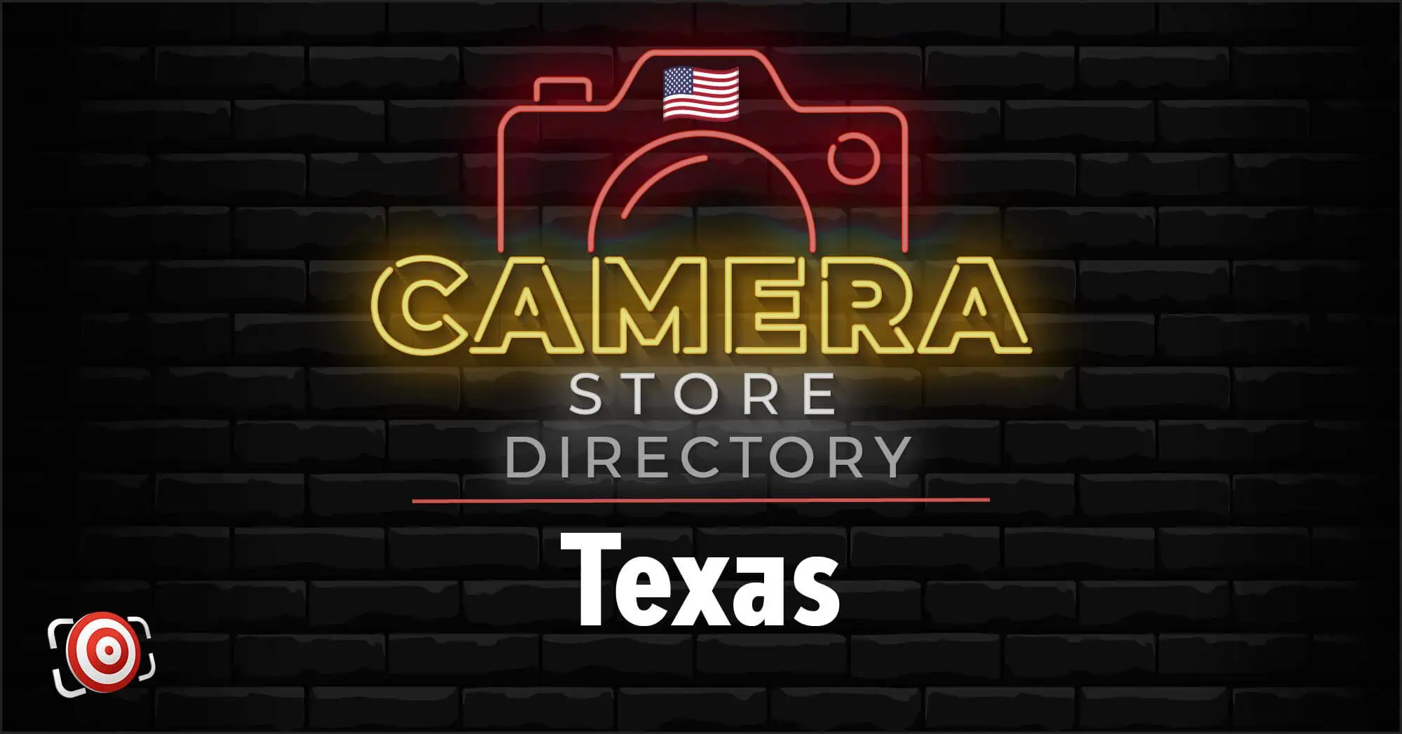 Neon sign design reads "Camera Store Directory Texas" with a camera outline and American flag on a black brick background.
