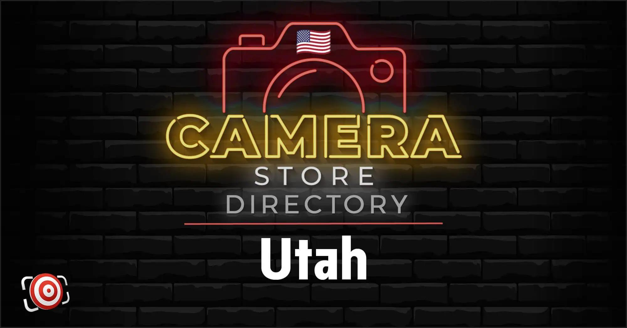 Neon sign with a camera outline, an American flag, and the words "Camera Store Directory Utah" on a black brick background.