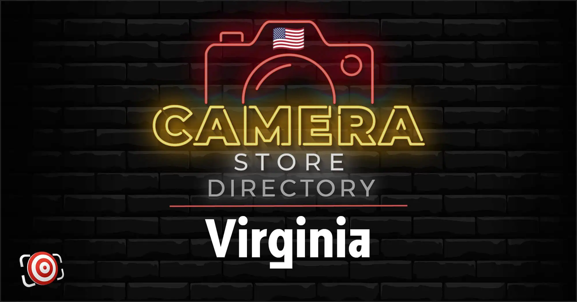 Neon sign reads "Camera Store Directory Virginia" with a camera outline, American flag, and brick wall background.