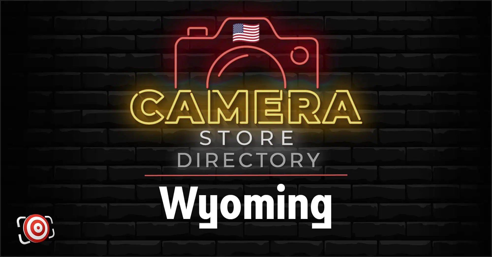 Neon sign graphic with a camera outline, an American flag, and the text "Camera Store Directory Wyoming" against a dark brick wall background.