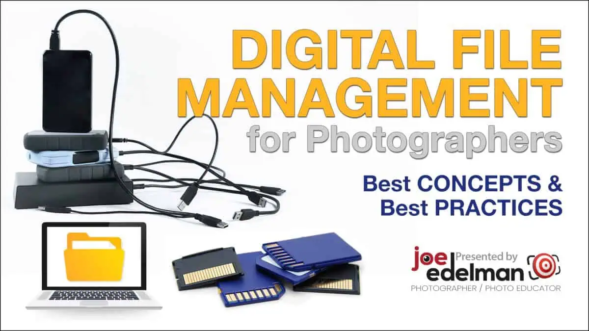 A stack of external drives and memory cards connected by cables, a laptop with a folder icon, and text highlighting digital file management for photographers.