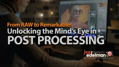 A person edits a portrait photo on a computer screen, with text overlay promoting Joe Edelman's post-processing photography workshop.