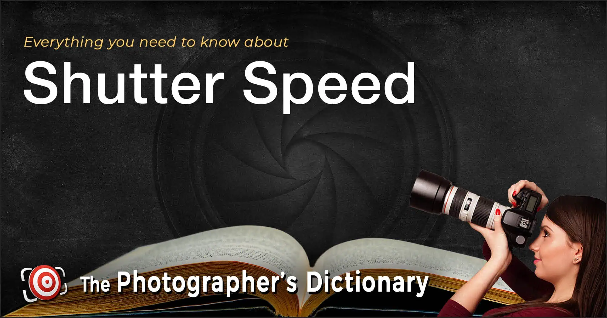 A woman holding a camera is positioned next to an open book, with the text “Everything you need to know about Shutter Speed” and “The Photographer’s Dictionary” displayed.