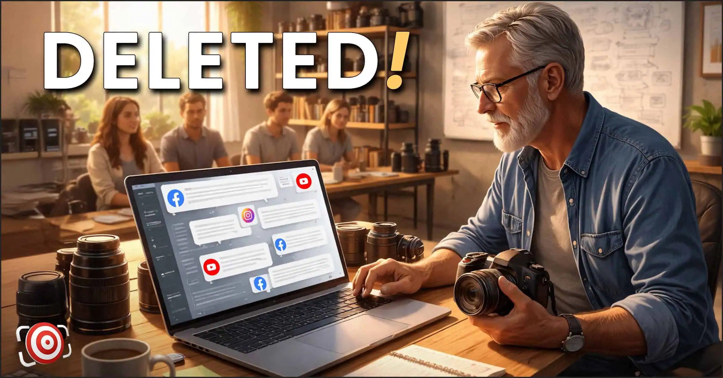 A man with a camera reviews delete comments on social media notifications labeled as deleted on his laptop, while a group meets in the background of a photography-themed office.
