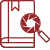 Red icon of a closed book with a bookmark and a magnifying glass featuring a camera shutter symbol in the lens to illustrate The Photographers Dictionary