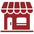 Red icon of a small shop with a door, window, and striped awning to illustrate camera store directory.