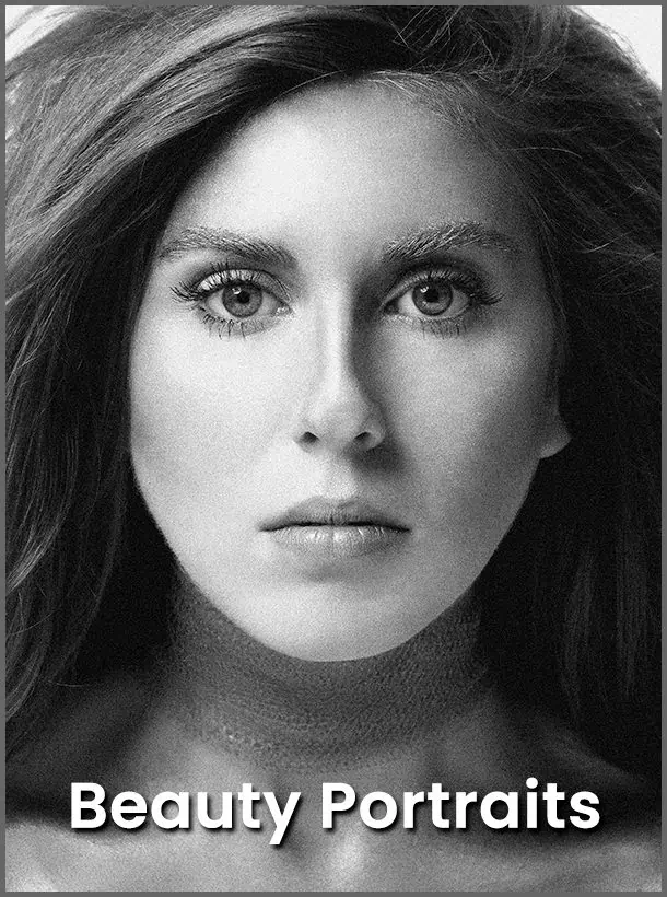 Black and white close-up portrait of a woman with long hair and a neutral expression, perfect for showcasing a stunning portfolio. The text "Beauty Portraits" appears at the bottom.