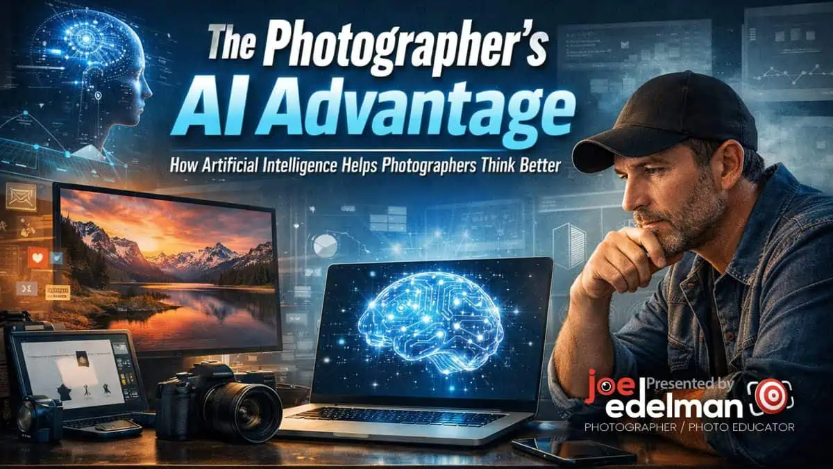 A man sits at a desk with photography equipment and a laptop displaying a digital brain, graphics representing AI, and the text "The Photographer's AI Advantage," highlighting Understanding Creativity in every photography presentation.
