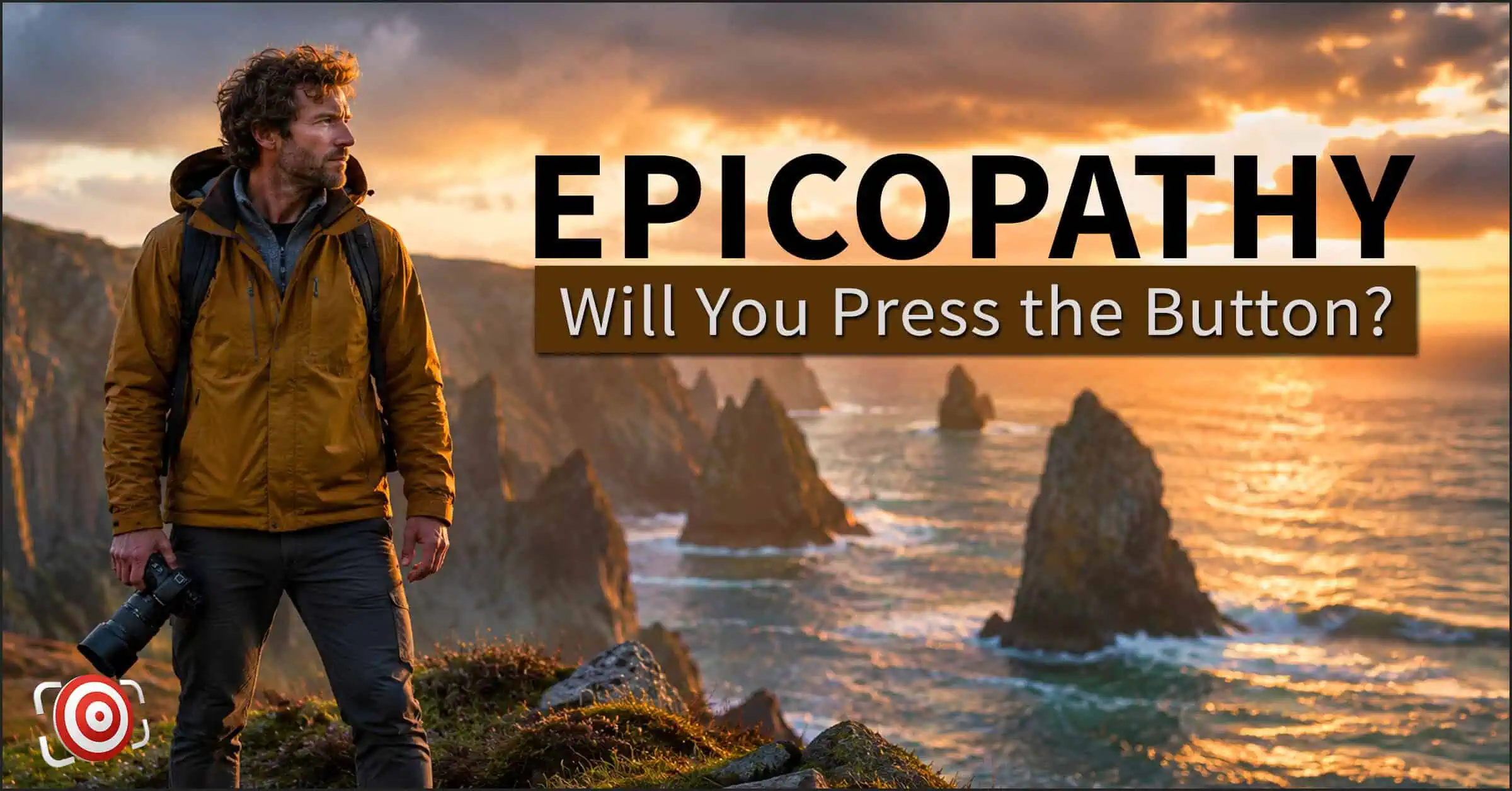 A photographer stands on a grassy cliffside at sunset, dramatic rock formations behind him and "EPICOPATHY Will You Press the Button?" in bold text—a tribute to the adventurous spirit of photography.