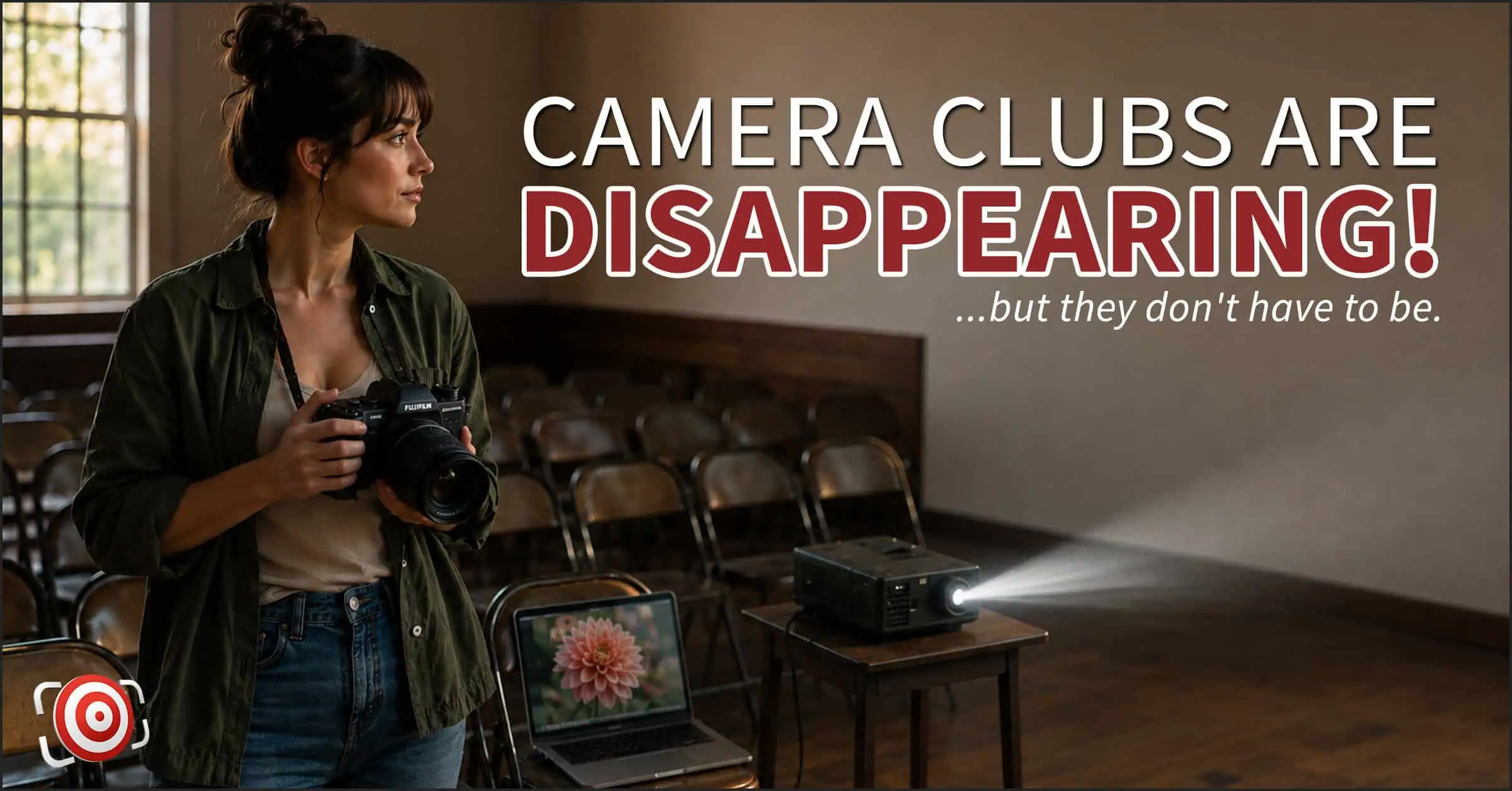 This is an AI generated illustration of A woman with a camera stands in a room with empty chairs, a laptop, and a projector. Text reads, "Camera clubs are disappearing! ...but they don't have to be. Support photography organizations and keep the creative spirit alive.