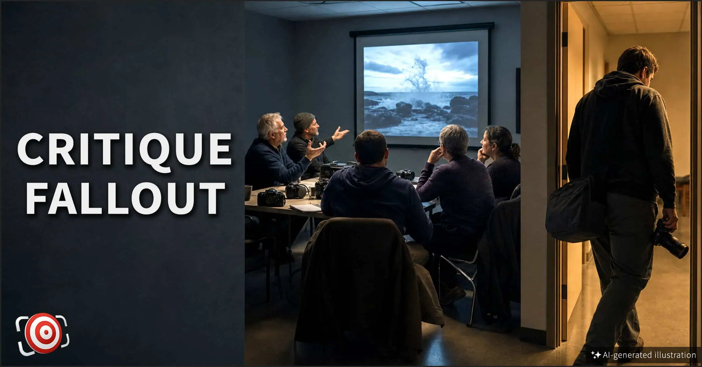 An AI-generated illustration of a group critiques a photo projected on a screen during critique night while a person with a camera stands alone in a hallway; text reads "Critique Fallout.