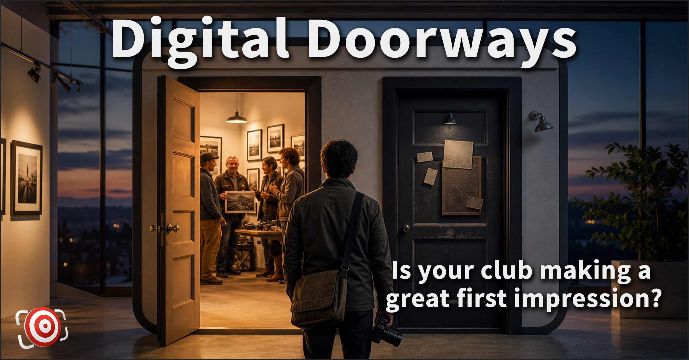 AI-generated illustration of a person with a camera stands outside two doors, one open showing people socializing, under the title "Digital Doorways." Text reads, "Is your camera club website making a great first impression?.