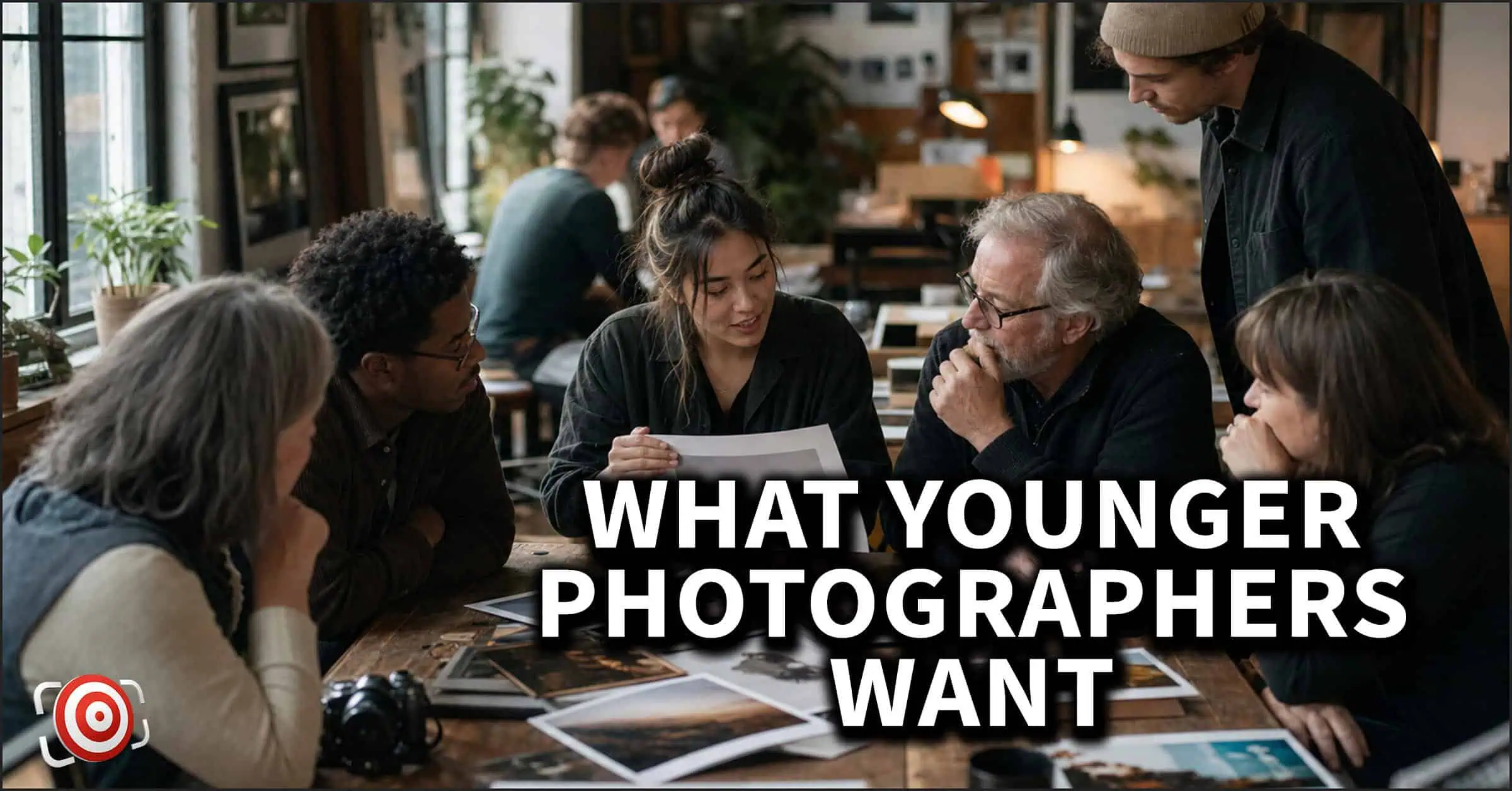 This is an AI generated illustration of five people seated around a table discussing photographs, with prints spread out in front of them. Large text reads โWhat Younger Photographers Want,โ reflecting the groupโs focus on the aspirations and perspectives of younger photographers.