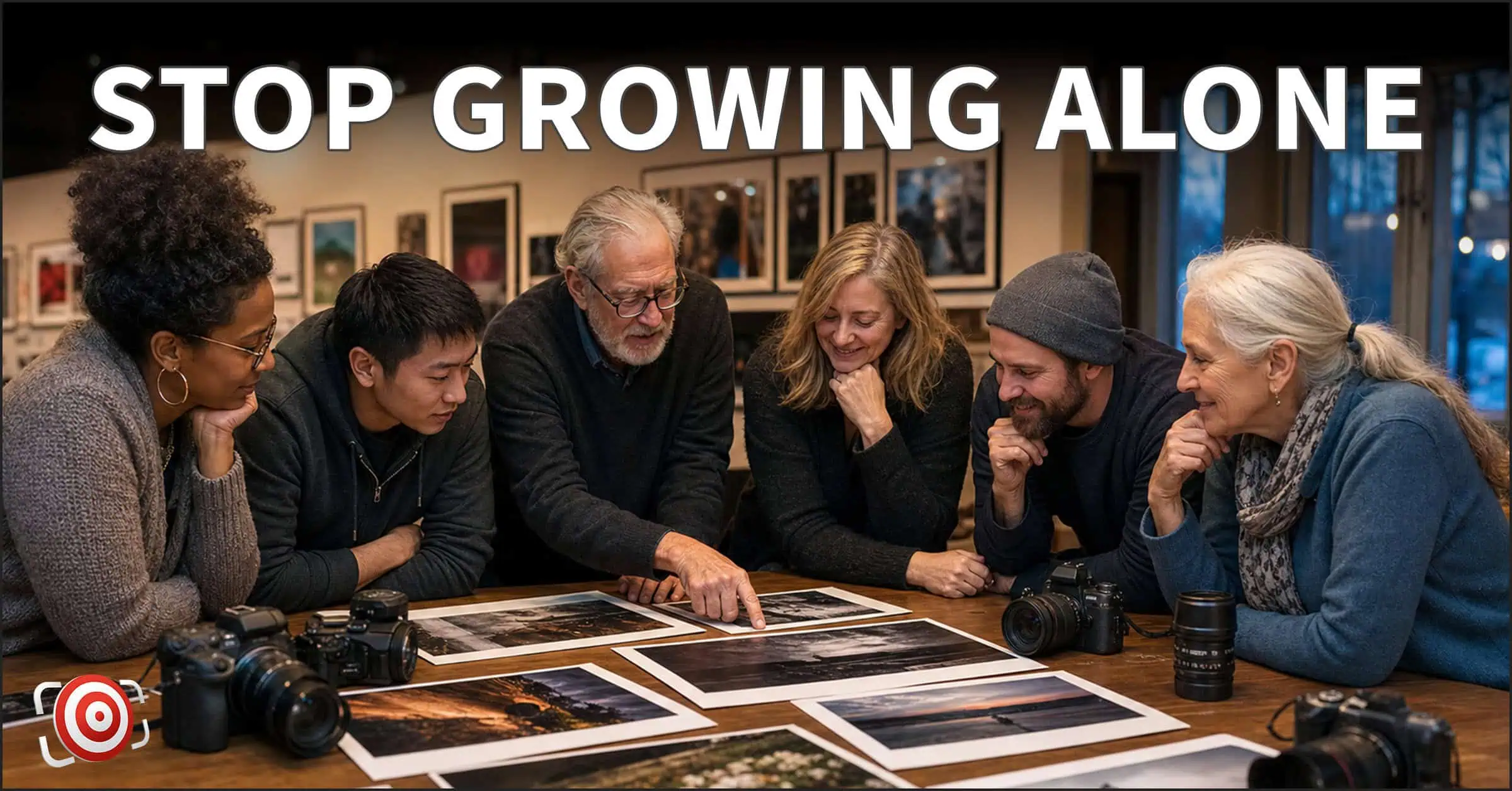 This is an AI generated illustration of Six people sit around a table with cameras, examining printed photos together in a warmly lit roomโa scene reminiscent of close-knit camera clubs. Large text above reads, โSTOP GROWING ALONE.โ.