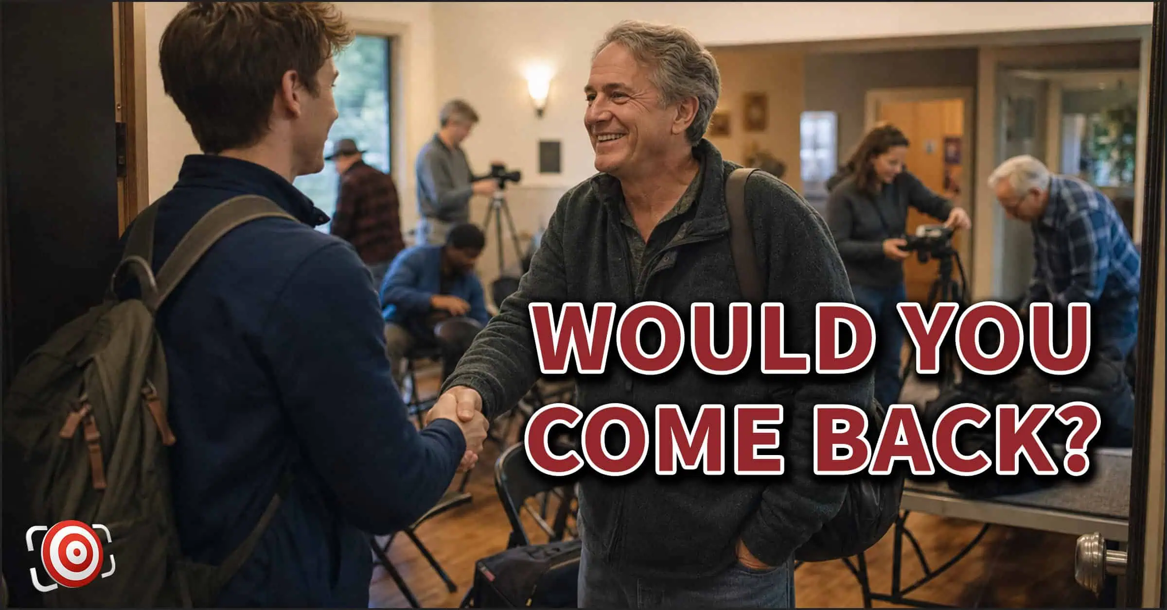 This is an AI generated illustration of two men shaking hands and smiling in a room with chairs, as several people work in the backgroundโperhaps making their first impression at the local camera club. Bold text on the image reads, "WOULD YOU COME BACK?.
