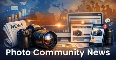 A camera, photos, newspaper, laptop, and smartphone with news content appear in a digital collage titled "Photo Community News," inviting you to subscribe and stay updated with the latest from the vibrant world of photo news.