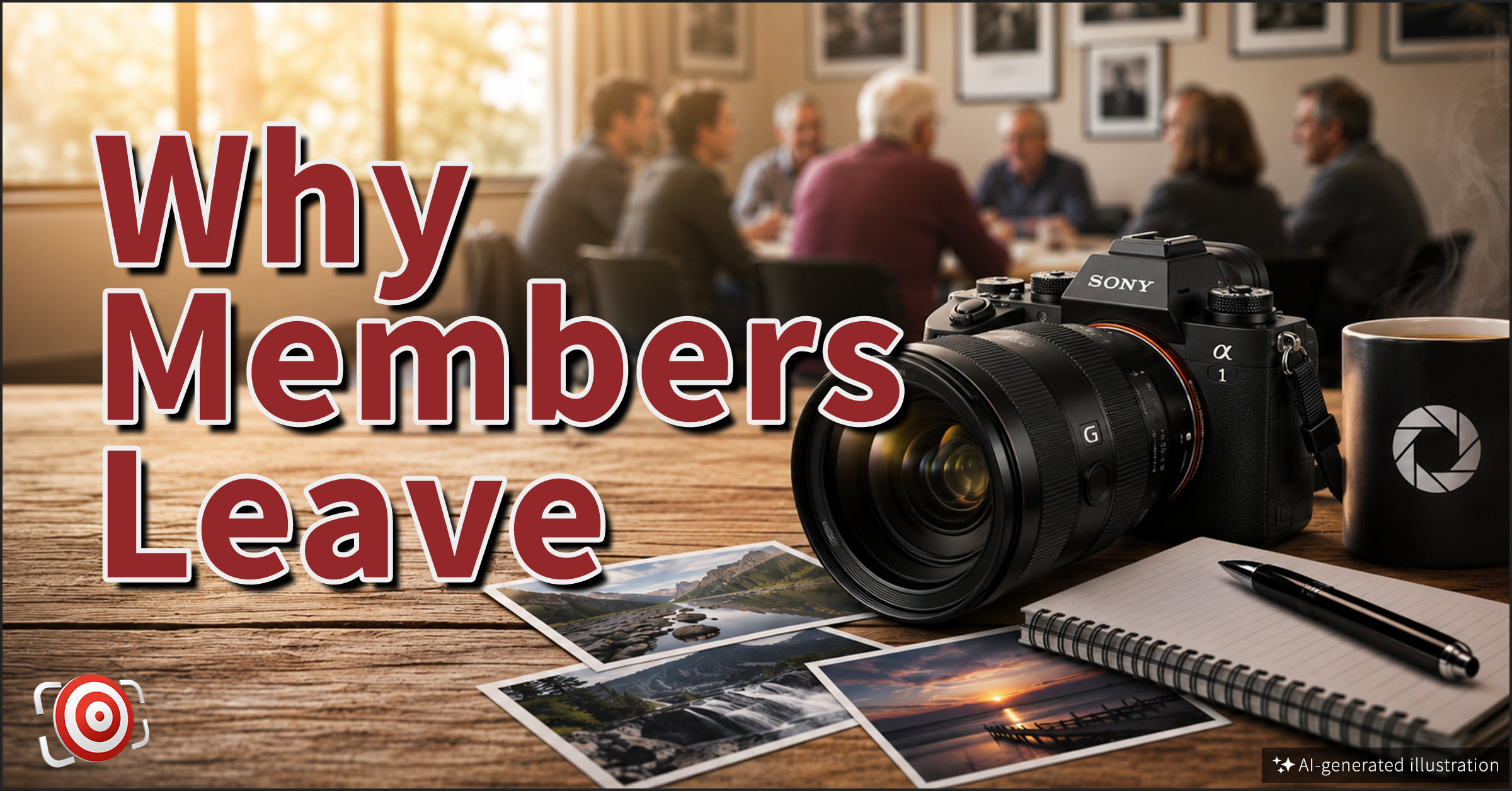 A camera, notebook, and photos on a table in front of people meeting, with large text reading โWhy Members Leave,โ highlighting the challenges of camera club membership retention.