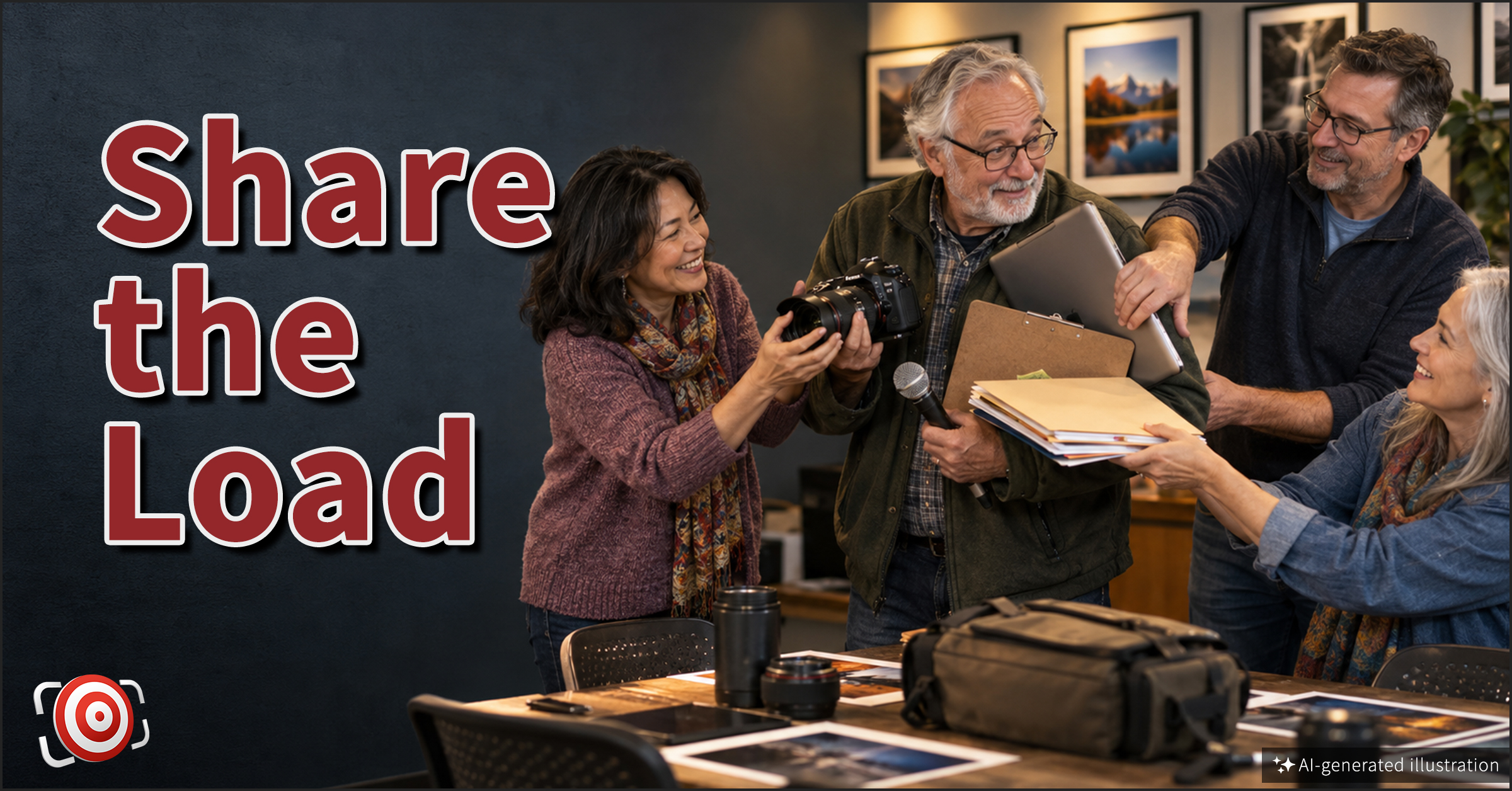 Four adults collaborate on volunteer management while sharing equipment, folders, and a camera, with the text “Share the Load” overlaid on the left.