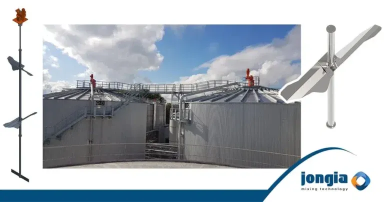 Industrial tanks with railings and ladders are shown under a cloudy sky; on the sides are vertical images of mixing equipment, highlighting advanced mixing solutions. The Jongia Mixing Technology logo is at the bottom right.