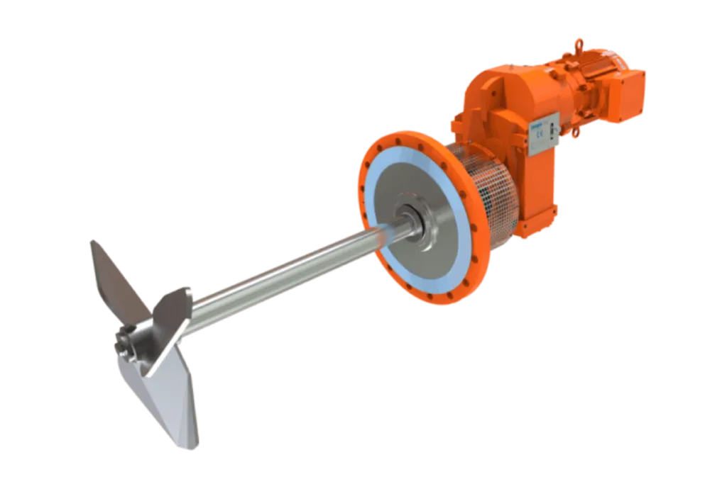 A 3D-rendered industrial mixer with an orange motor and gearbox, a metal shaft, and a two-blade propeller at the end, designed for efficient mixing or stirring of fluids in large tanks.