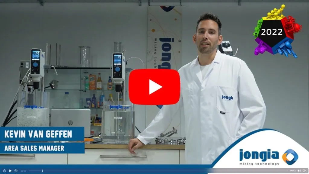 A man in a white lab coat stands in a laboratory beside advanced mixing equipment. Text reads Kevin van Geffen, Area Sales Manager. The Jongia logo and a large YouTube play button are visible, with a 2022 graphic in the top right corner.