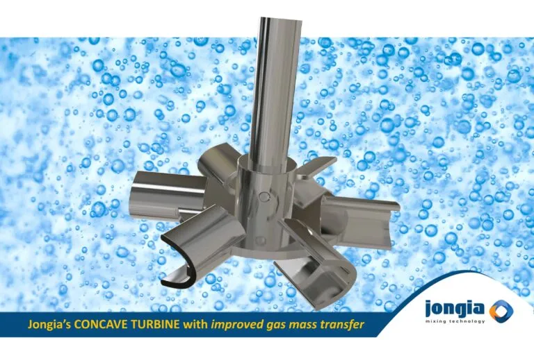 A stainless steel concave turbine mixer is shown against a background of rising bubbles, illustrating efficient mixing. The text at the bottom reads, Jongias CONCAVE TURBINE with improved gas mass transfer, with the Jongia logo on the right.