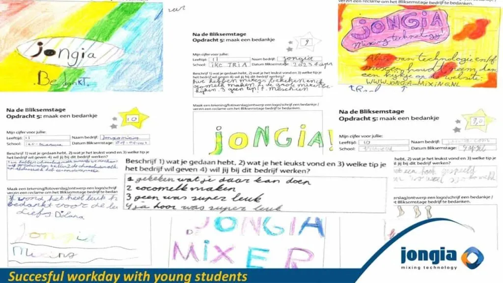 A collage of handwritten thank you cards and drawings from young students, featuring colorful text, illustrations, and references to mixing, created for Jongia Mixing Technology. A blue banner at the bottom reads, “Successful workday with young students.”.