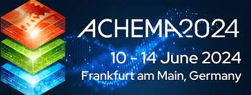 ACHEMA 2024 event banner features colorful stacked cubes mixing on a blue digital background, with text: ACHEMA 2024, 10 - 14 June 2024, Frankfurt am Main, Germany.