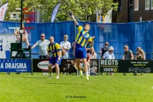 Two men in blue and yellow sports uniforms play a ball game on grass, mixing teamwork and skill. One leaps to catch or hit a ball as the other watches. Spectators and banners fill the background on a sunny day.