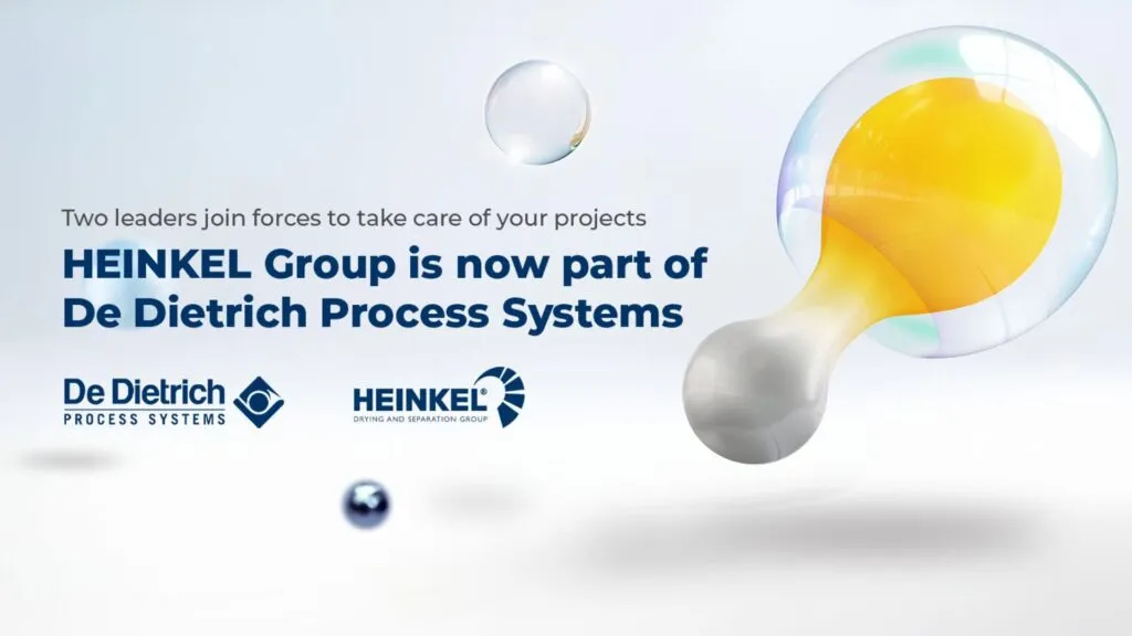 Announcement image with abstract bubbles. Text reads: Two leaders join forces to take care of your projects, blending expertise in mixing. HEINKEL Group is now part of De Dietrich Process Systems. De Dietrich and HEINKEL logos shown.