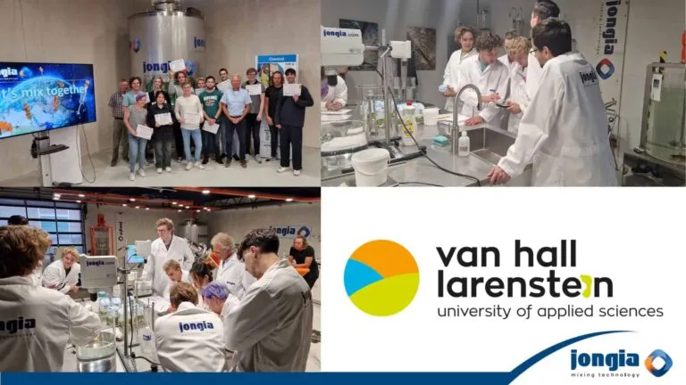 Collage showing students in lab coats conducting mixing experiments, a group photo of people holding certificates, and logos for Van Hall Larenstein University of Applied Sciences and Jongia Mixing Technology.
