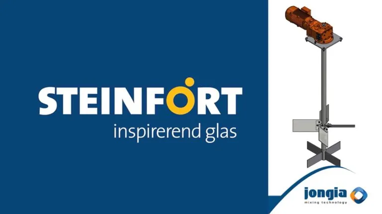 Logo for Steinfort with the slogan "inspiring glass" on a blue background, with industrial mixing equipment and the Jongia logo for mixing technology on a white background.