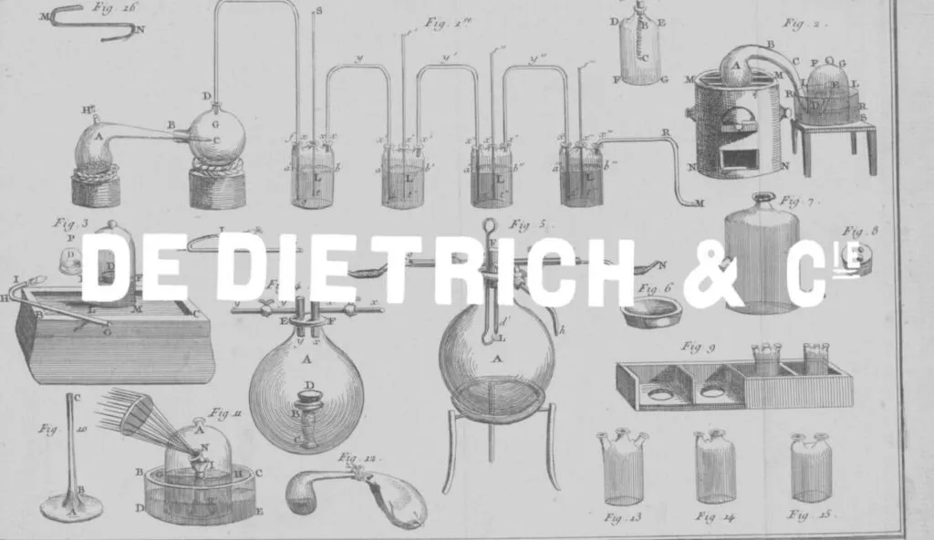 A vintage scientific illustration of laboratory glassware and mixing apparatus, with the text DE DIETRICH & Cᵉ in bold white letters overlaying the image.