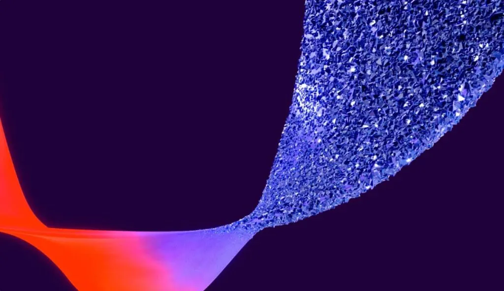 Abstract digital artwork featuring a smooth, flowing red and purple shape on the left mixing with a textured, crystalline blue structure on the right, set against a dark purple background.