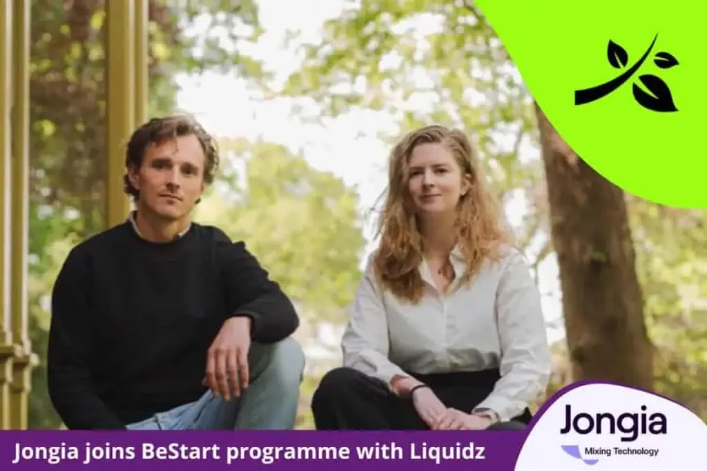 A man and woman sit side by side outdoors, both looking at the camera. Green trees fill the background. A green corner logo and the text “Jongia joins BeStart mixing programme with Liquidz” appear at the bottom.
