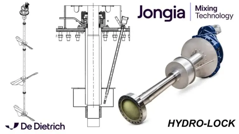Technical drawings and a 3D render of an industrial mixer shaft and impeller assembly, labeled HYDRO-LOCK. Logos for De Dietrich and Jongia Mixing Technology are present in the corners on a white background.