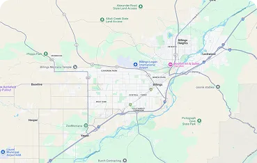 Map showing southern Billings with roads, a river, parks, and labeled neighborhoods